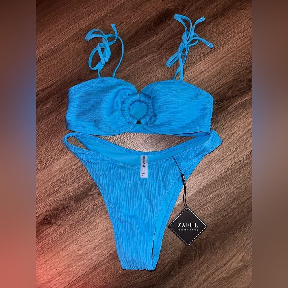 ZAFUL Women's Tie Spaghetti Strap Bikini Textured O Ring Ruched Swimsuit Cheeky